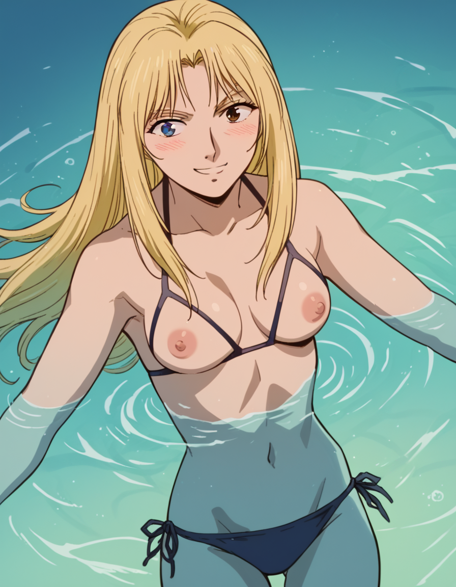 ai_generated bikini_bottom black_bikini blonde_hair blue_eyes blush breasts brown_eyes female female_focus female_only great_teacher_onizuka kanzaki_urumi long_hair nipples swimming water