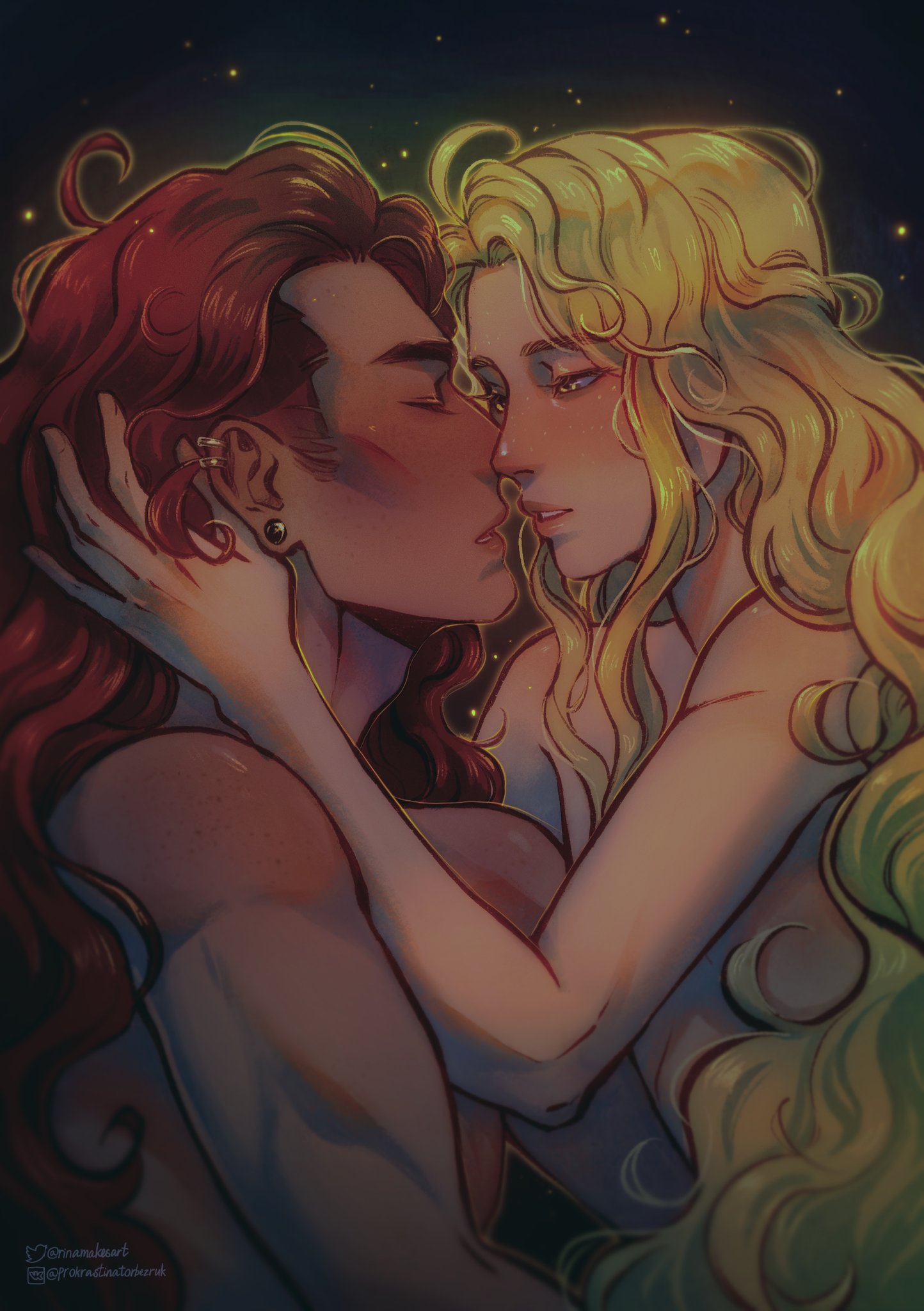 2boys, blonde hair, brother, brothers, canon couple, caress, earring, earrings, elden ring, femboy, fromsoftware, incest, kissing, male, male only, miquella, nude, red hair, rinamakesart, romantic, shadow of the erdtree, starscourge radahn, topless, wholesome, yaoi
