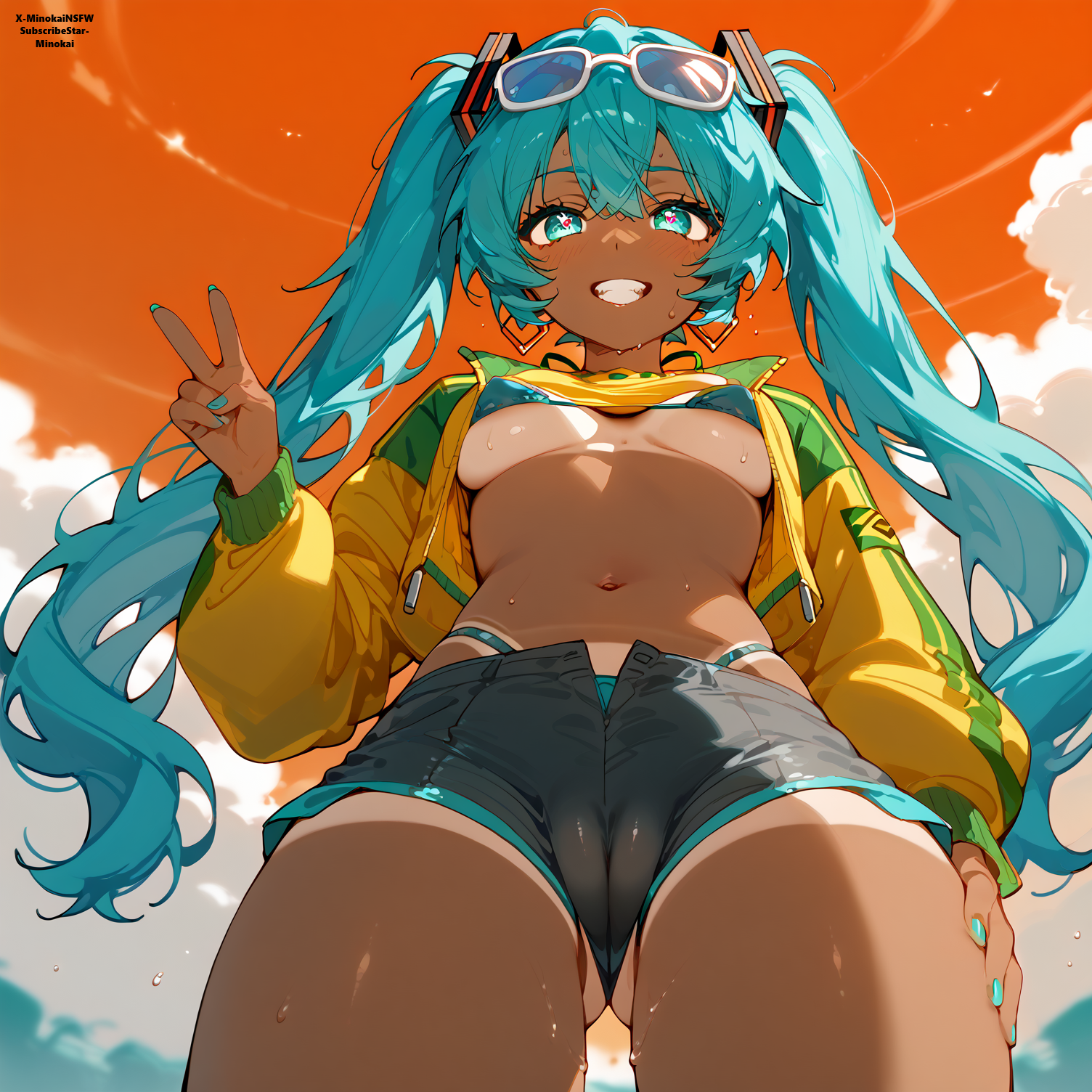 1girl, ai generated, aqua eyes, aqua hair, aqua nails, ass visible through thighs, bangs, bikini, bikini under clothes, blush, brazil, brazilian, brazilian female, brazilian miku, breasts, cameltoe, cloud, covered nipples, cowboy shot, earrings, eyewear on head, female, from below, grin, hand on own thigh, hatsune miku, heart, jacket, jacket open, jewelry, long hair, looking at viewer, medium breasts, micro bikini, minokai, nail polish, navel, one-piece tan, open clothes, outdoors, pussy, short shorts, shorts, sky, smile, solo, sunglasses, sunset, sweat, swimsuit, symbol-shaped pupils, tan, tanlines, twintails, underboob, v, very long hair, vocaloid, yellow jacket