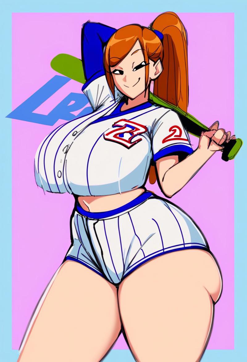 ai_generated baseball_bat baseball_uniform female holding_object long_hair luca oc original_character pawg slightly_chubby ssktch thick thick_thighs thickthick wide_hips