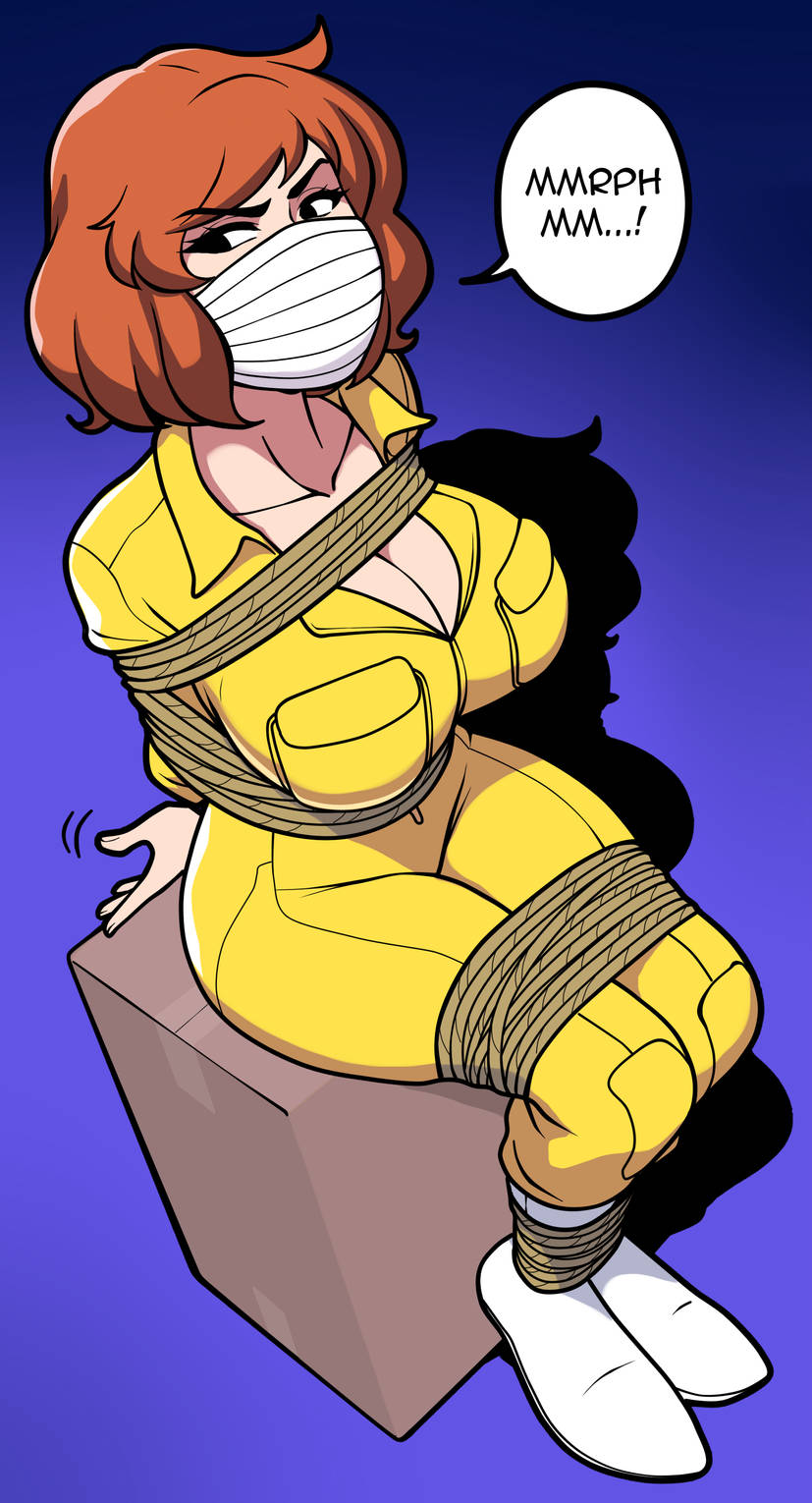 2d 2d_(artwork) april_o'neil arms_behind_back bondage bondage bound breasts female female_focus female_only gag gagged jam-orbital light-skinned_female light_skin looking_at_viewer rope rope_bondage submissive submissive_female teenage_mutant_ninja_turtles text thick_thighs thighs