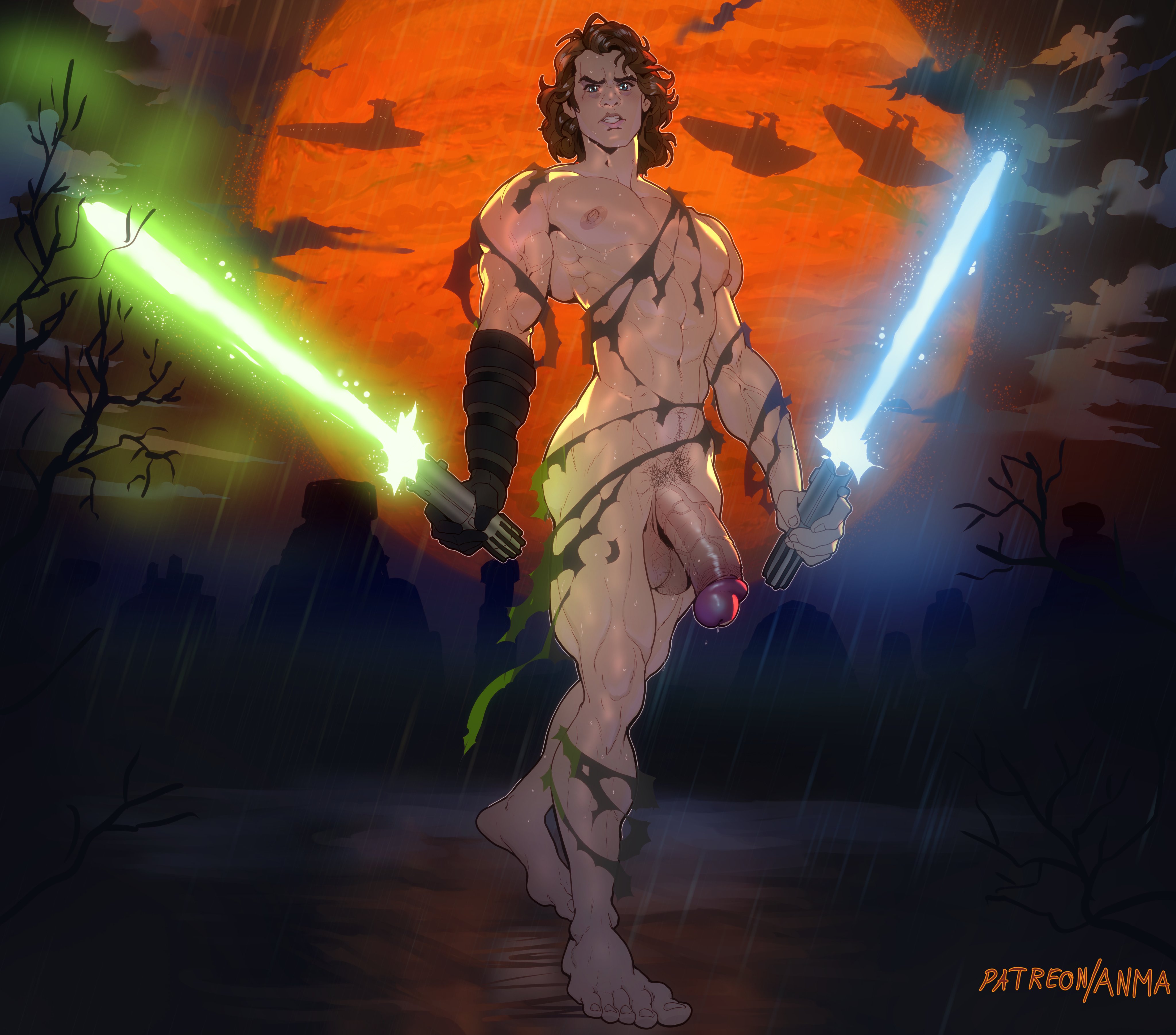 1boy, abs, anakin skywalker, anma, balls, ballsack, barefoot, blue lightsaber, brown hair, circumcised, dilf, feet, femboy, femboy dilf, flaccid, flaccid penis, foreskin, fully retracted foreskin, green lightsaber, huge cock, human, lightsaber, looking at viewer, male, male nipples, male only, male pubic hair, muscles, muscular, muscular male, nipples, nude, nude male, outdoors, outside, pecs, penis, precum, precum drip, pubic hair, public, public nudity, rain, raining, retracted foreskin, scrotum, solo, solo male, star wars, testicles, toned, toned male, uncircumcised, uncut, veiny penis