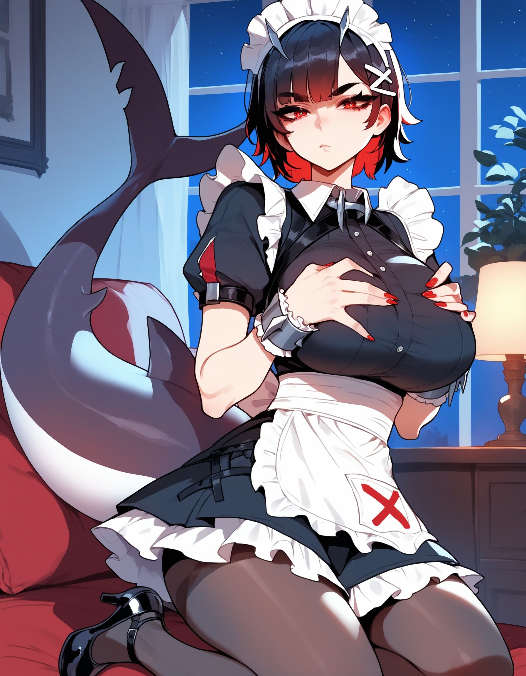 1girls, ai generated, annoyed expression, ass, big ass, big breasts, breasts, ellen joe, female, half-closed eyes, hands on hips, maid, maid apron, maid headdress, maid outfit, maid uniform, pantyhose, shark tail, xandr, zenless zone zero
