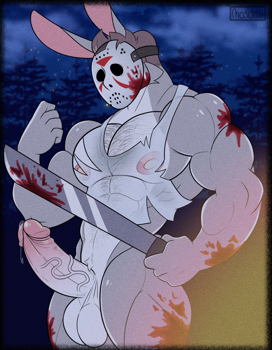 2024 anthro balls blood blood_stain bodily_fluids bottomless bottomless_male clothed clothing erection friday_the_13th_(series) genitals halloween hi_res hockey_mask holidays hugetherabbit humanoid_genitalia humanoid_penis jason_voorhees lagomorph leporid machete male mammal mask melee_weapon moschythehyena muscular muscular_anthro muscular_male nipples penis rabbit shirt solo sports_mask sportswear topwear torn_clothing torn_shirt torn_topwear vein veiny_penis weapon