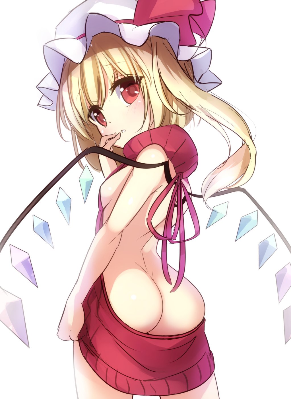 ass ass_cleavage asymmetrical_hair back back_opening backless_outfit bare_back bare_shoulders blonde_hair blush bow breasts butt_crack cowboy_shot crystal dress eyebrows_visible_through_hair female female_only flandre_scarlet halterneck hand_to_own_mouth hand_up hat hat_bow high_resolution janne_cherry long_hair looking_at_viewer meme_attire mob_cap naked_sweater open-back_dress open_mouth ponytail posterior_cleavage red_eyes red_sweater ribbed_sweater ribbon shoulder_blades side_ponytail sideboob simple_background small_breasts solo spread_legs sweater sweater_dress tied_hair touhou turtleneck turtleneck_sweater virgin_killer_sweater white_background white_hat white_headwear wings