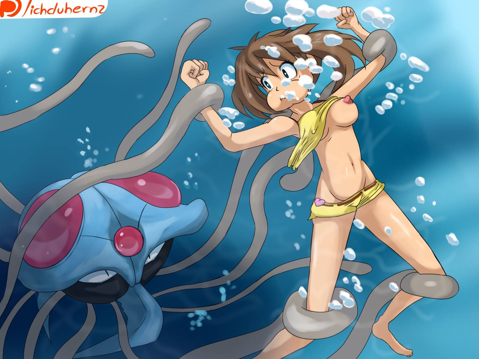 1girls assisted_exposure big_breasts bikini bondage breasts bubbles female feral holding_breath human ichduhernz imminent_rape interspecies may_(pokemon) navel nintendo nipple one_breast_out peril pokemon pokemon_(species) puffed_cheeks restrained swimsuit tentacle tentacruel underwater underwater_peril water yellow_bikini yellow_swimsuit