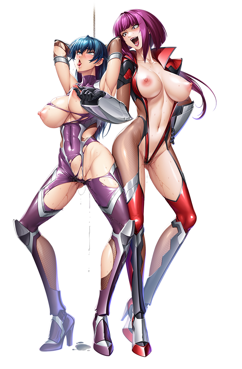 2girls ahe_gao arms_behind_head black_hair bodysuit breasts breasts_out center_opening commentary_request fishnets igawa_asagi kagami_hirotaka multiple_girls nipple_stimulation nipple_tweak nipples oboro_(taimanin_asagi) official_art open_bodysuit open_clothes open_mouth purple_hair pussy_juice restrained robe taimanin_(series) taimanin_rpgx taimanin_suit tongue tongue_out torn_bodysuit torn_clothes white_background yuri