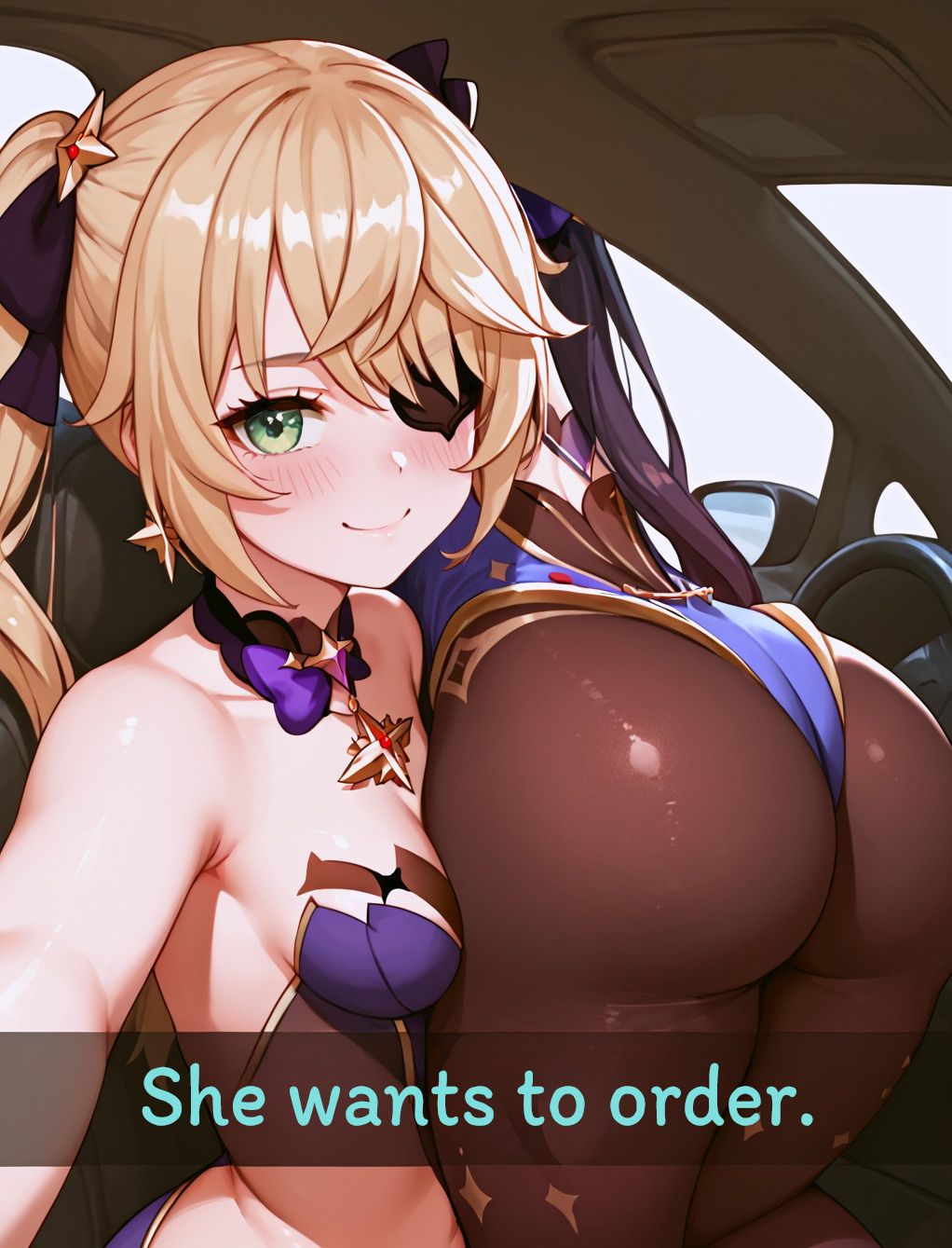 2girls ai_generated ass blush car clothing eyepatch fischl_(genshin_impact) genshin_impact huge_ass in_car kneeling looking_at_viewer meme mona_(genshin_impact) pantyhose photo_shoot selfie she_wants_to_order shiny_pantyhose shiny_skin small_breasts thick_thighs twintails