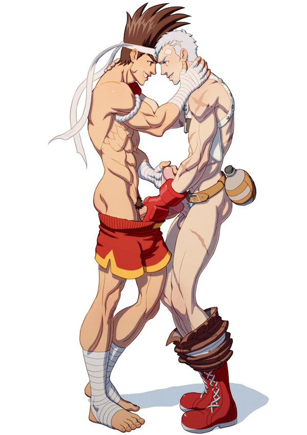 2boys boner crossover erection foreskin full_body grin handjob jacking_each_other_off joe_higashi king_of_fighters male male_focus male_masturbation male_only male_pubic_hair multiple_boys muscles muscular muscular_male mutual_handjob naughty_face pants_down penis penis_grab persona sanada_akihiko scar schizoid smile teeth toes uncircumcised undressing yaoi