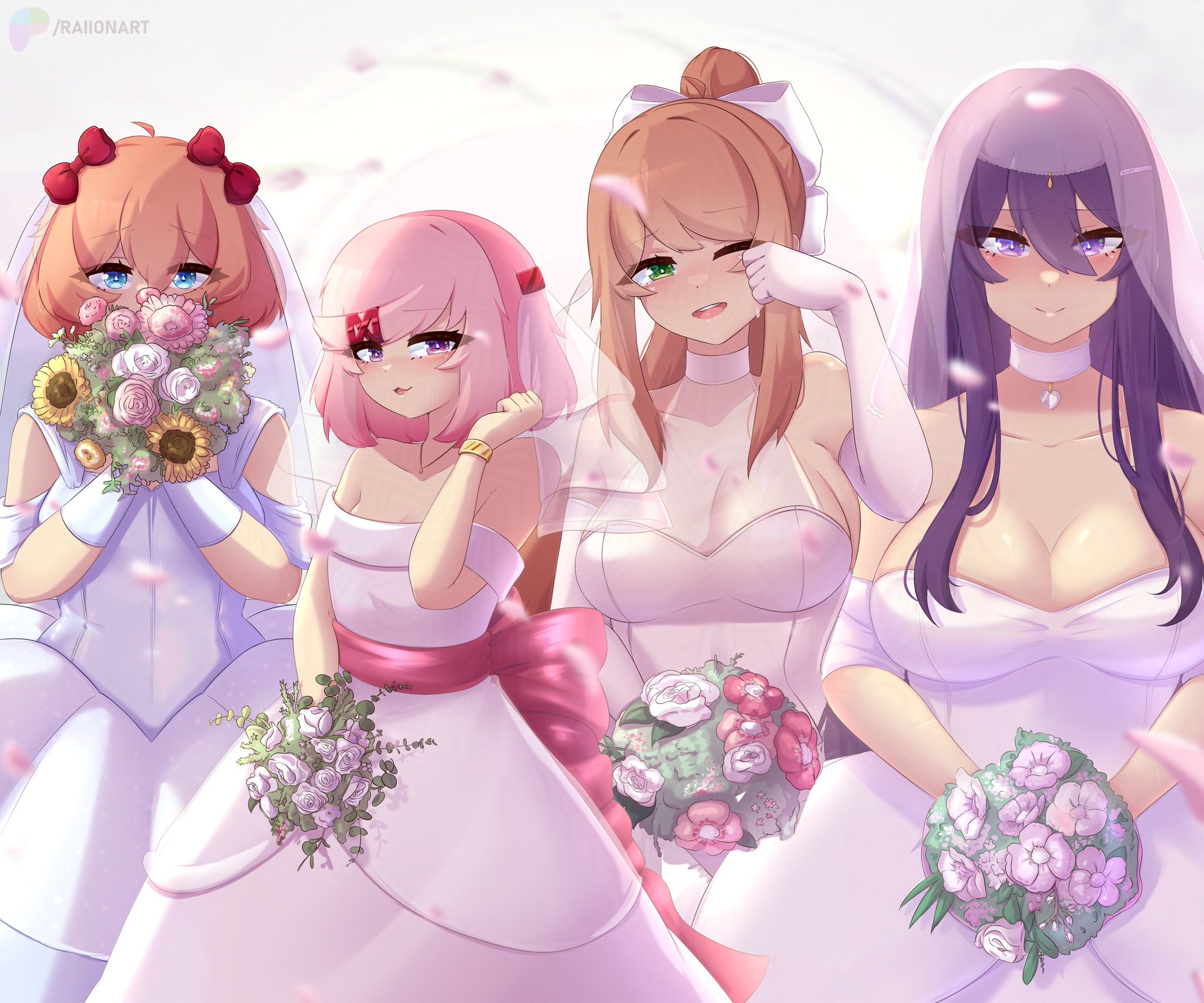 4girls, cleavage, clothed, clothed female, doki doki literature club, monika (doki doki literature club), natsuki (doki doki literature club), raionart, sayori (doki doki literature club), wedding, wedding dress, wholesome, yuri (doki doki literature club)