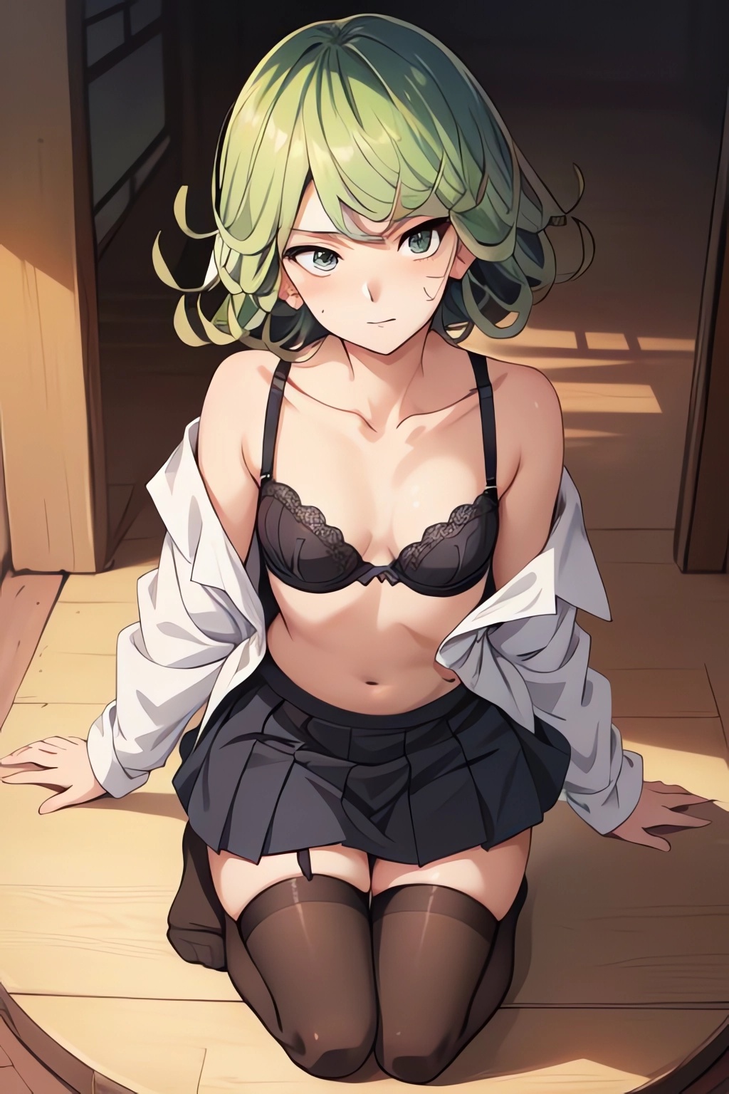 1girls ai_generated blush bra curly_hair female green_eyes green_hair kneeling off_shoulder one-punch_man open_clothes open_shirt school_uniform schoolgirl skirt small_breasts stockings takemehigh tatsumaki