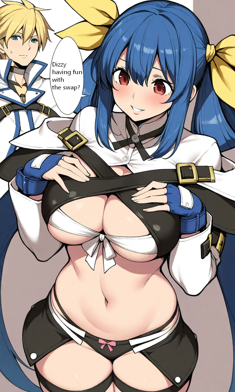 big_breasts blonde_hair blue_hair body_swap bodyswap dizzy_(guilty_gear) guilty_gear ky_kiske touching_breast underwear