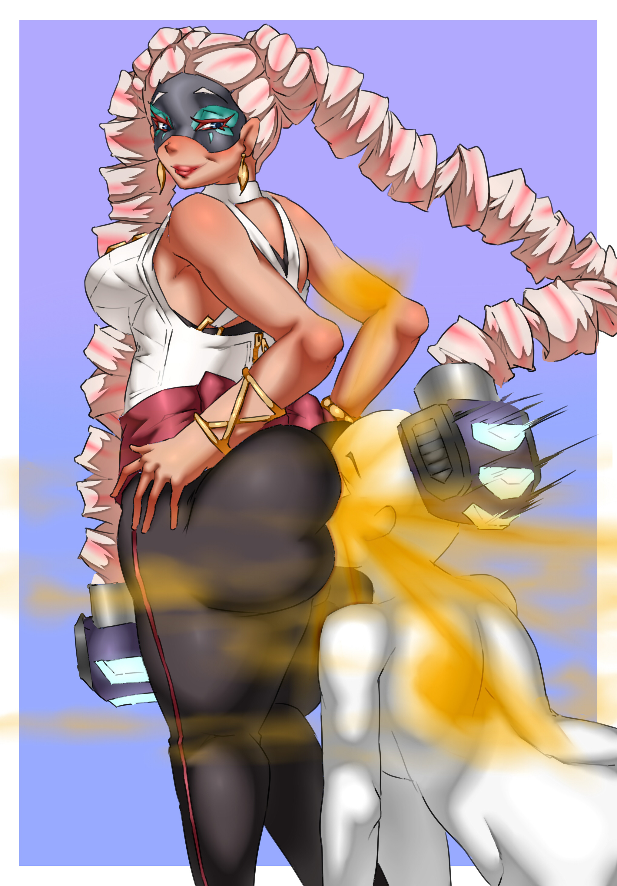 1boy, 1girls, arms (game), ass, big ass, big butt, blue eyes, dark skin, dark-skinned female, face in ass, fart, fart cloud, fart fetish, farting, farting in face, female, lazei, looking back, male, mask, masked female, nintendo, rear view, smile, standing, thick thighs, twintails, twintelle, viewed from behind