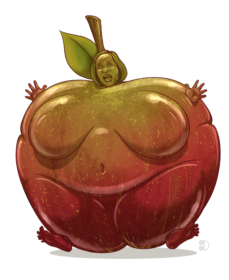 1girl 1girls 2020s 2021 5_fingers 5_toes apple artist_logo barefoot big_breasts body_horror breasts closed_eyes digital_drawing_(artwork) digital_media_(artwork) feet female fingers food food_creature food_humanoid food_transformation fruit green_hair green_tongue hair humanoid living_food logo nude nude_female open_mouth plant red_body red_skin round_body shadow simple_background solo solo_female tasteful_nudity thick_thighs tittydispenser toes tongue transformation what white_background why wtf