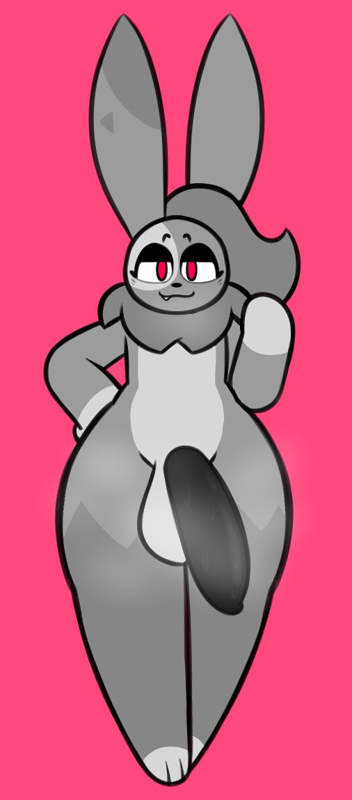 :3 anthro blank_background bunny cute_fang evilfiendish fur furry hanging_penis huge_cock musk musk_clouds musky_cock orio_(nonbinary_bunny) red_eyes smug smug_grin thick_thighs waving_at_viewer