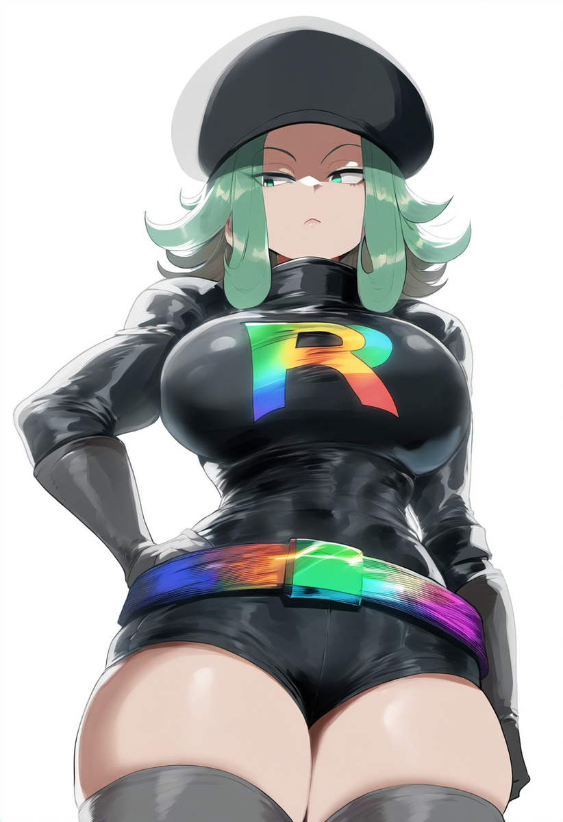 ai_generated ameanon belt big_breasts breasts green_eyes green_hair hat pokemon rainbow_rocket_grunt short_shorts shorts team_rocket thick_thighs thigh_boots tight_clothes tight_clothing tight_fit