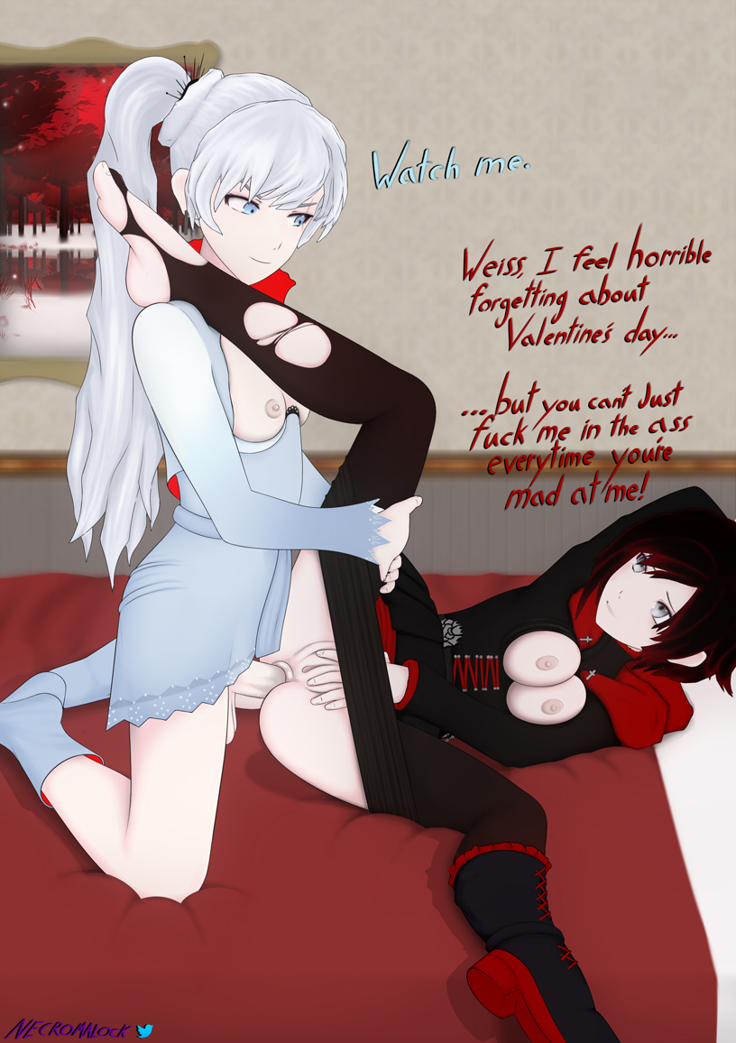 1futa, 1girls, anal, ass, blue eyes, dominated, feet, female, futa on female, futadom, futadom caption, futanari, intersex, necromalock, pussy, red hair, rough, ruby rose, rwby, silver eyes, spreading, tagme, weiss schnee, wet, white hair