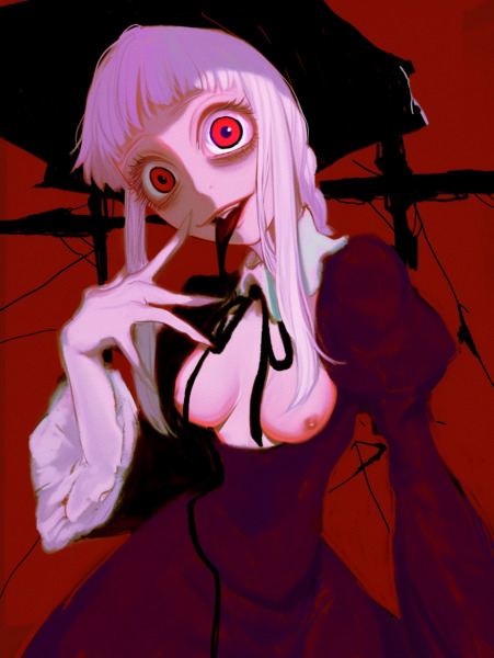 black_tongue bow breasts breasts_out collar dress eyes_bulging female nightmare_waifu pale-skinned_female pale_skin puffy_shoulders puffy_sleeves reachartwork red_eyes small_breasts solo tongue_out tumblr tumblr_link white_hair witch witch_dress witch_hat