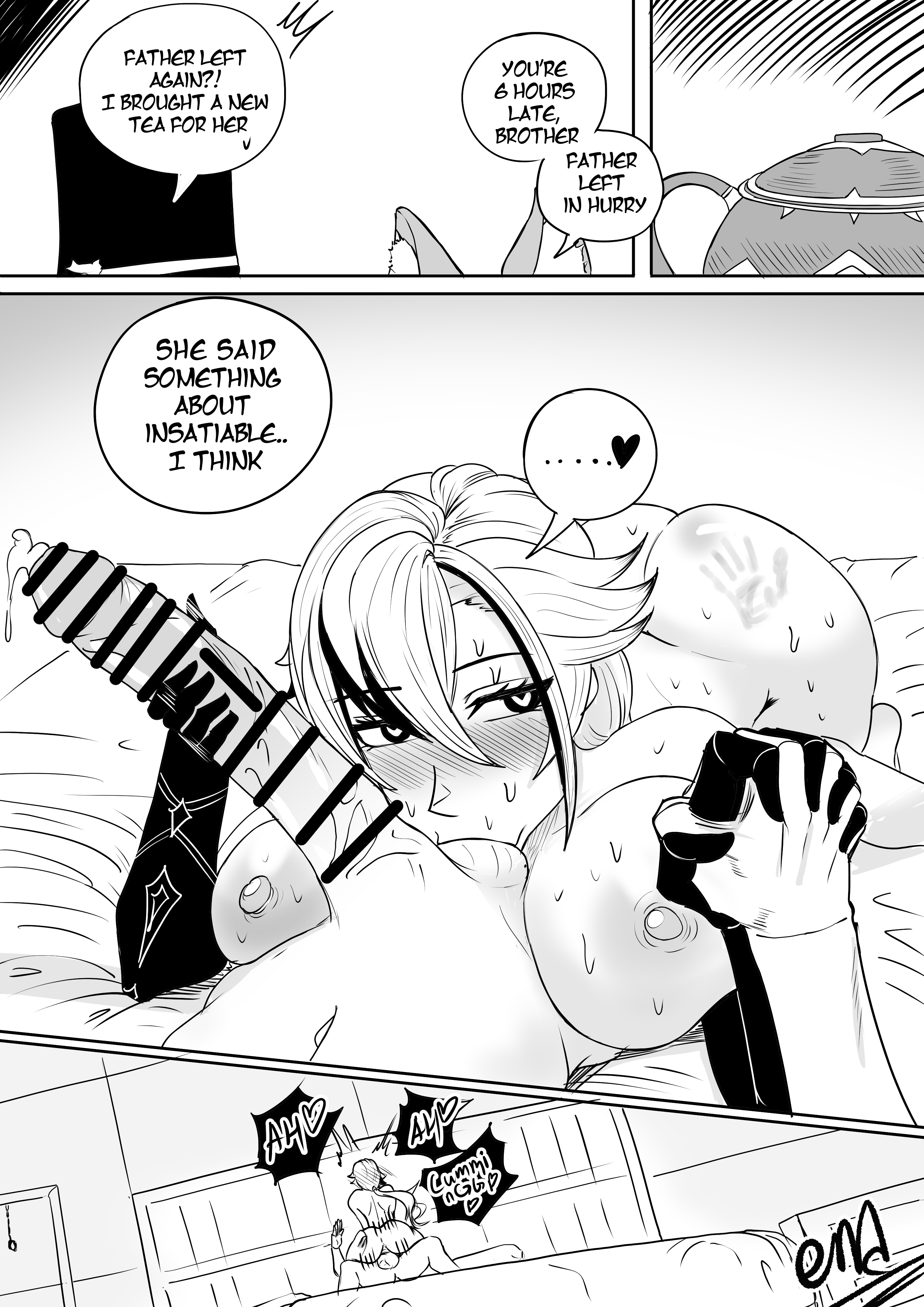 1boy, 1girls, aether (genshin impact), arlecchino (genshin impact), ass, balls, balls suck, balls sucking, big breasts, big penis, blowjob, breasts, censored, cock bigger than head, dialogue, drawing, english text, fat ass, female, genshin impact, male, maledom, mihoyo, naked, nwoidn, penis, sucking, sucking balls, sucking testicles, testicles, text, thick thighs