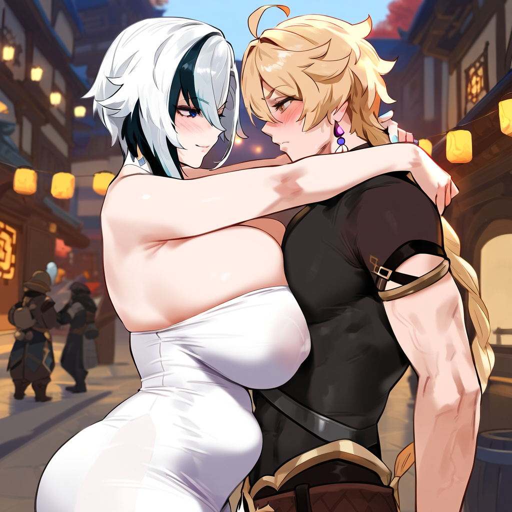 1boy 1girls aether_(genshin_impact) ai_generated arlecchino_(genshin_impact) big_breasts fat_ass holding imminent_sex long_hair mihoyo straight thick_thighs