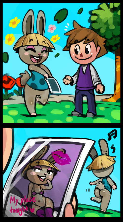 animal crossing, animal crossing boy, anthro, ass, bittenhard, black eyes, blonde hair, bonbon (animal crossing), bottomless, brown hair, english text, female, furry, hair, human, lagomorph, male, nintendo, picture, rabbit, smile, straight, tail, text, villager (animal crossing)