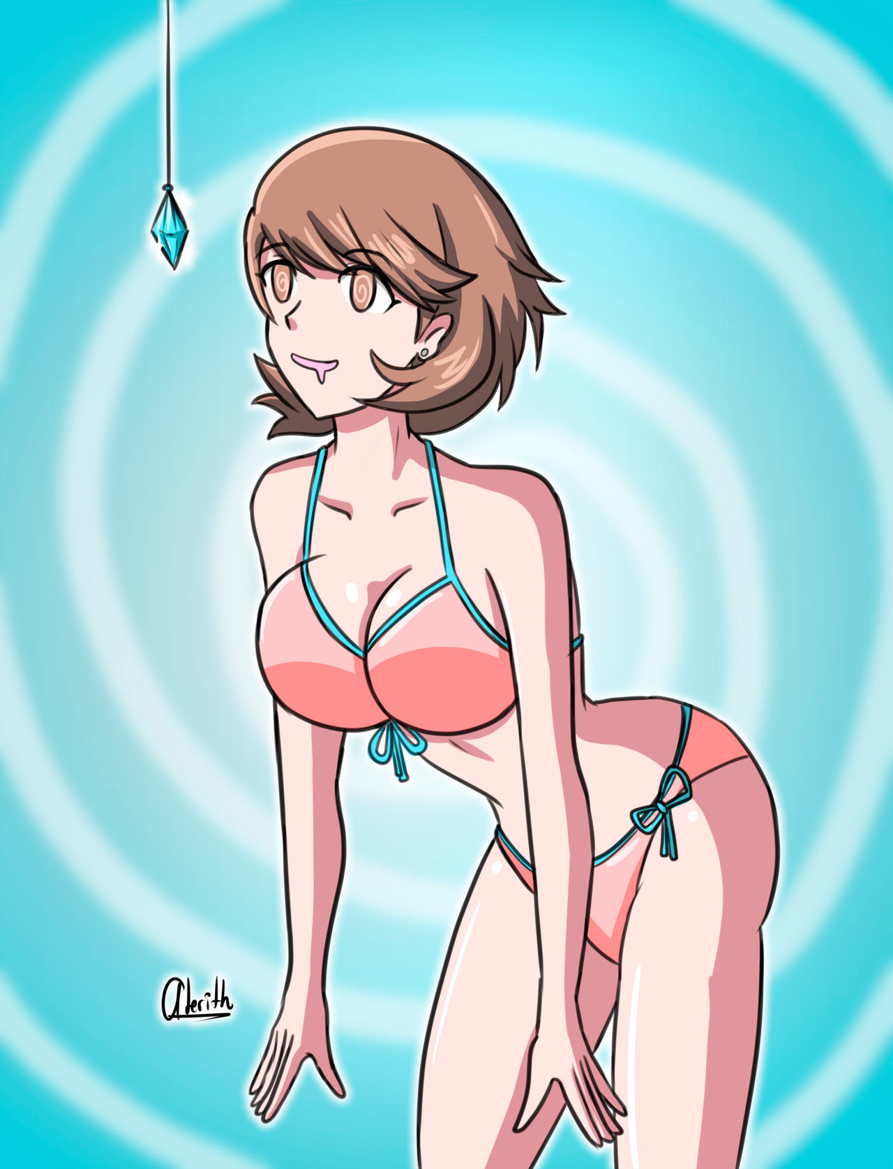 alerith atlus bare_legs bent_over bikini brown_eyes brown_hair cleavage collarbone crystal drool earrings female_only femsub happy_trance leaning_forward open_mouth persona persona_(series) persona_3 short_hair signature simple_background smile solo spiral_background spiral_eyes standing symbol_in_eyes yukari_takeba