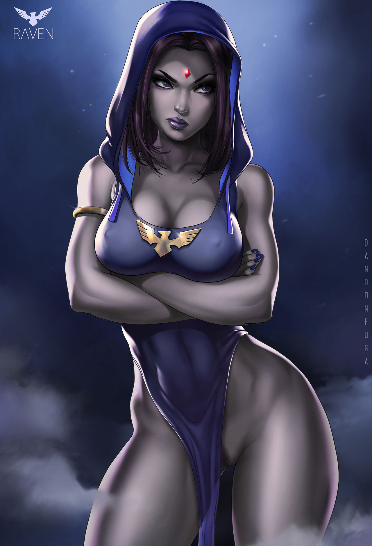 1girls, alternate breast size, alternate version available, annoyed, arms crossed, big breasts, bottomless, breasts, clothed, color, covered nipples, crossed arms, dandon fuga, dc, dc comics, dress, erect nipples, female, female only, frown, grey skin, hood, hoodie, large breasts, lipstick, nail polish, nipples, no panties, pubic hair, purple hair, purple lipstick, pussy, pussy peek, rachel roth, raven (dc), smooth skin, solo, straight hair, teen titans, thick thighs, thighs, uncensored, voluptuous, wide hips