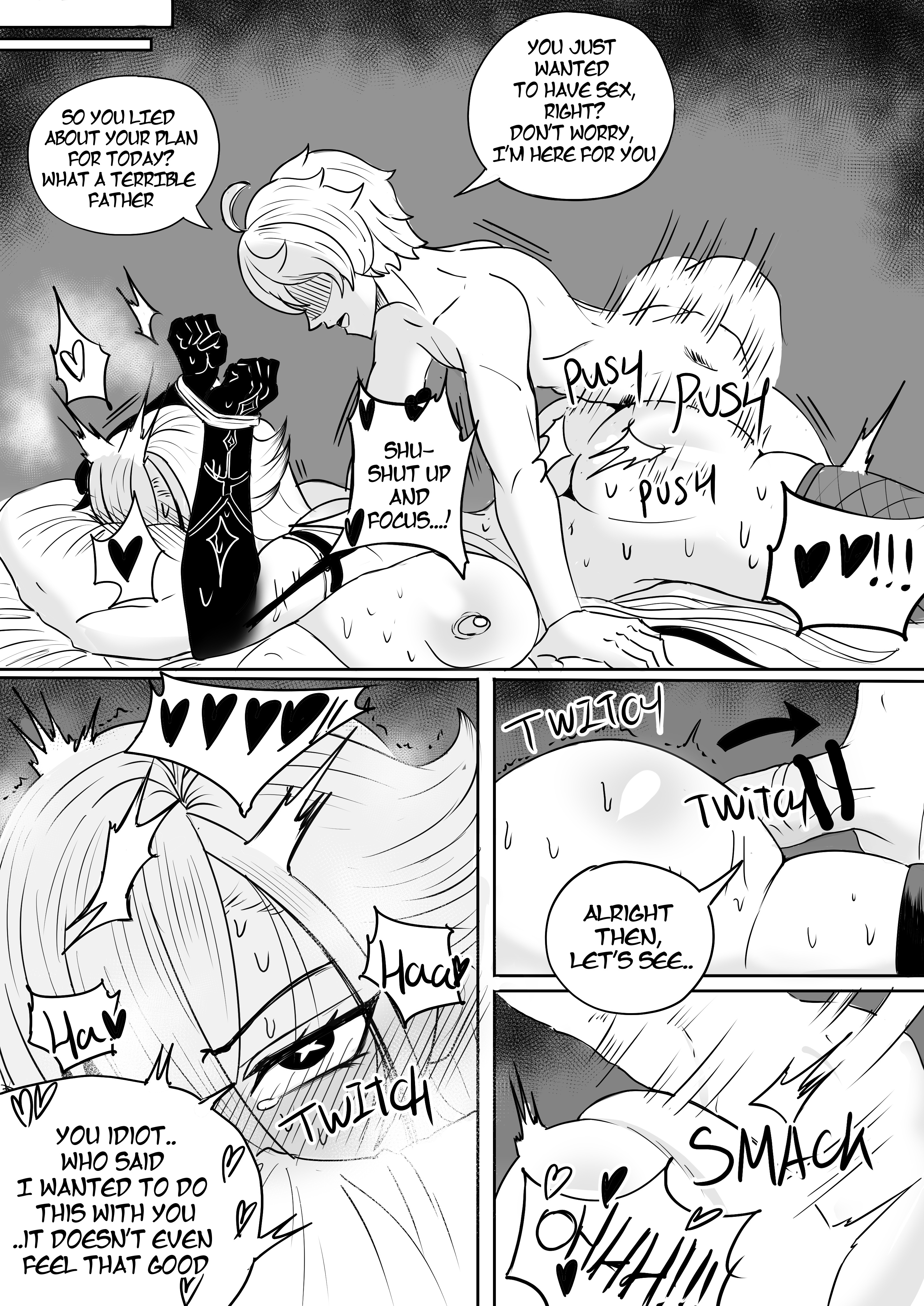 1boy, 1girls, aether (genshin impact), arlecchino (genshin impact), ass, big breasts, breasts, censored, dialogue, drawing, english text, fat ass, female, from behind, from behind position, genshin impact, horny female, long hair, male, maledom, mihoyo, nwoidn, rape, text, thick thighs