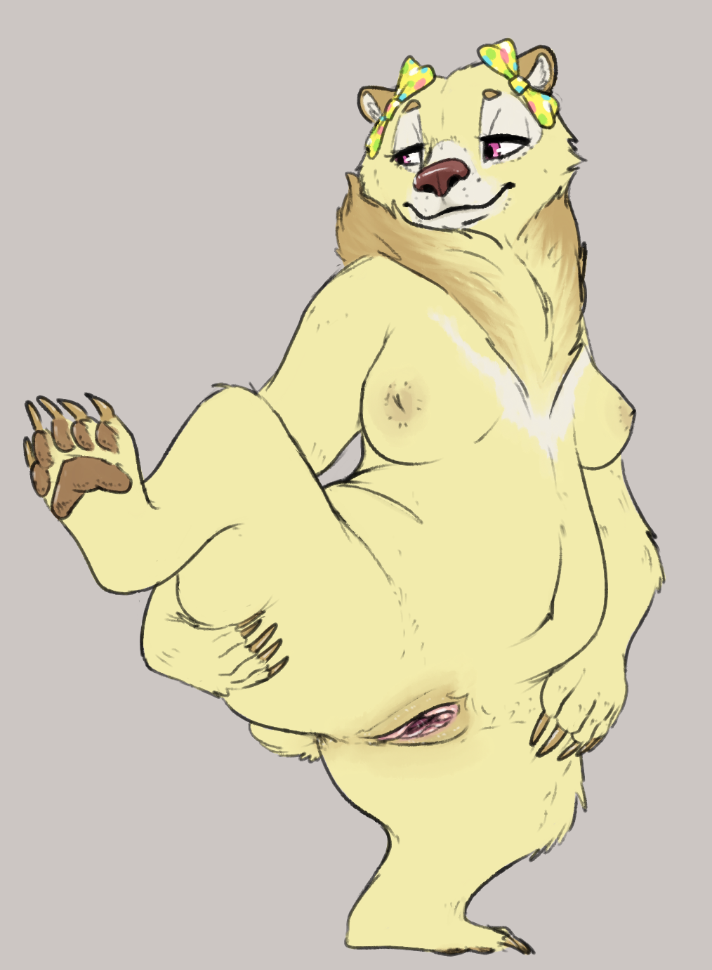 anthro anus bear bow breasts cheek_tuft chest_tuft claws female fur gaping gaping_pussy half-closed_eyes inner_ear_fluff mammal neck_tuft nipples nobby_(artist) nude on_one_leg pawpads pink_eyes pussy raised_leg simple_background solo standing tan_fur toe_claws tuft