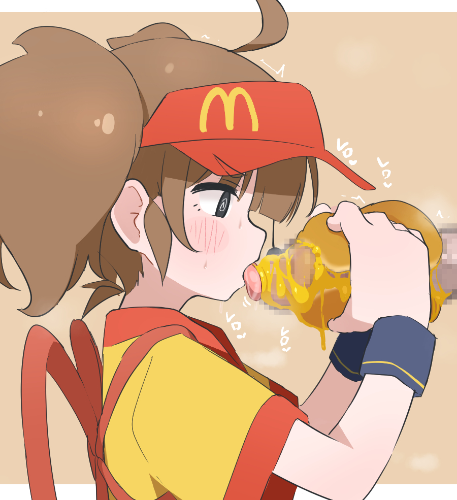 1boy @_@ ahoge black_eyes brown_hair censored commentary_request donutman double_cheese_(mcdonald's) fellatio female food_on_body food_on_penis from_side licking licking_penis looking_at_penis mcdonald's mosaic_censoring oral penis profile shirt short_hair short_sleeves solo_focus straight tongue tongue_out twintails visor_cap yellow_shirt