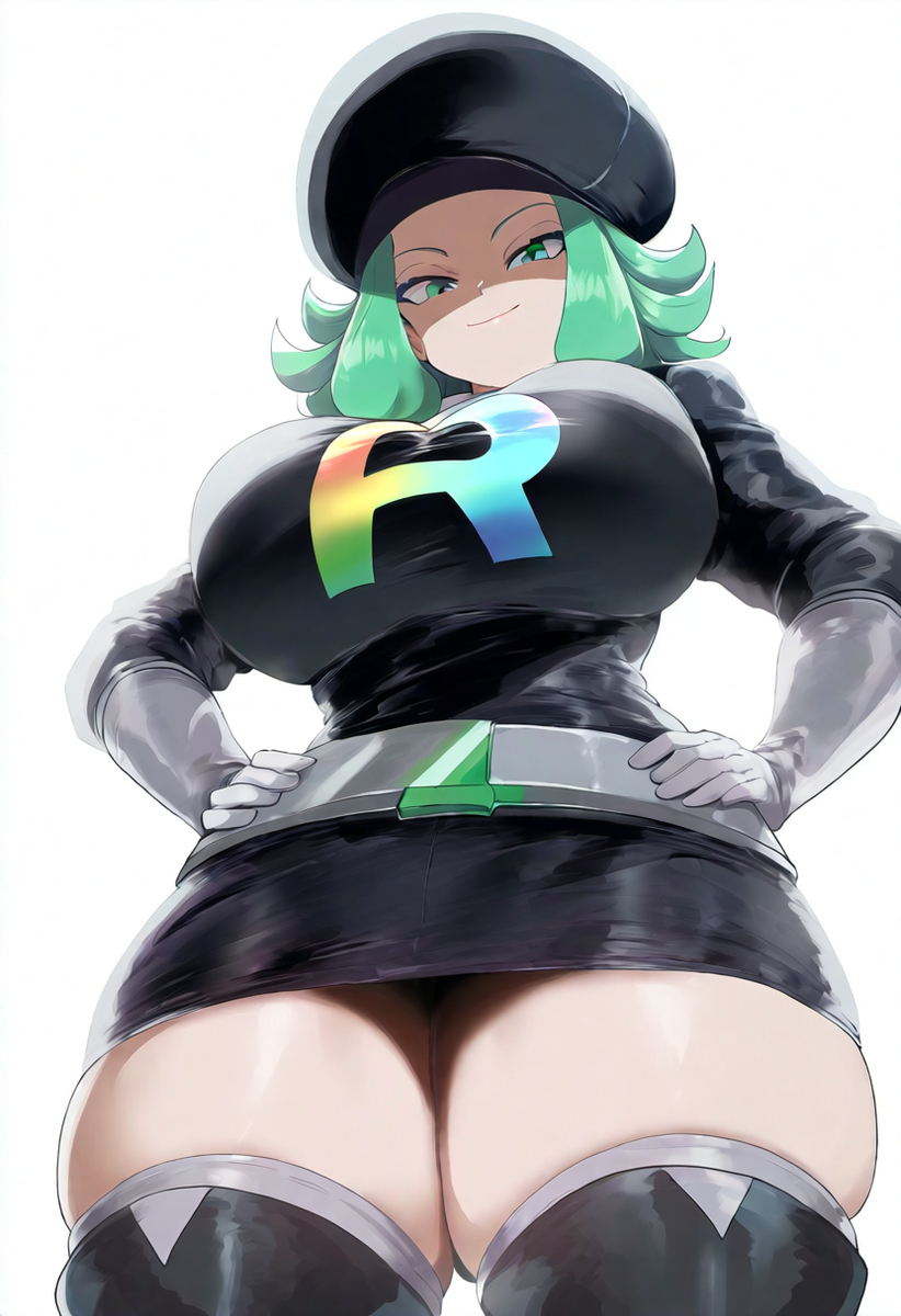 ai_generated ameanon big_breasts breasts gloves green_eyes green_hair hands_on_hips hat large_breasts looking_down miniskirt pencil_skirt pokemon rainbow_rocket_grunt skirt team_rocket thick_thighs thigh_boots tight_clothes tight_clothing tight_fit