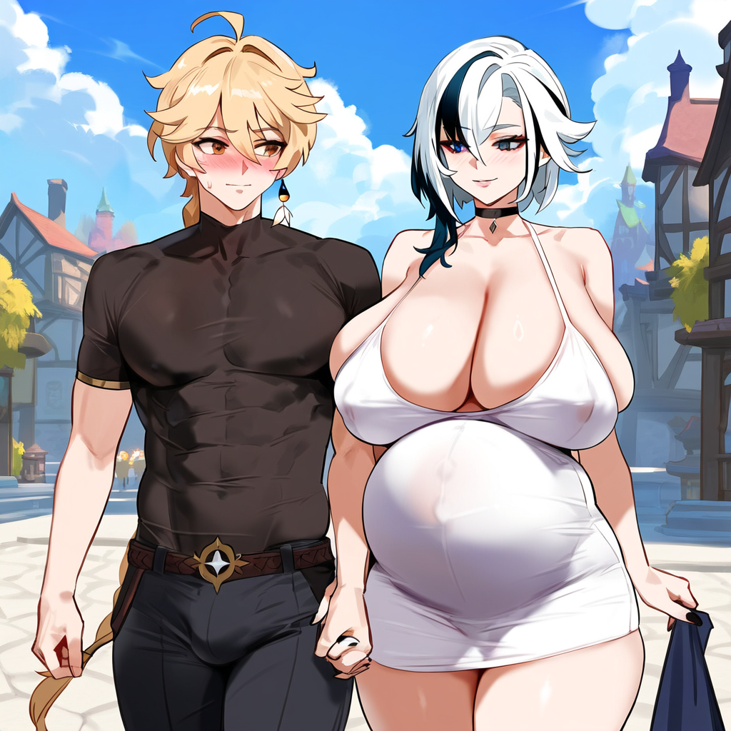 1boy 1girls aether_(genshin_impact) ai_generated arlecchino_(genshin_impact) big_breasts fat_ass genshin_impact gigantic_breasts holding_hands horny_female long_hair mihoyo pregnant safe smiling straight thick_thighs