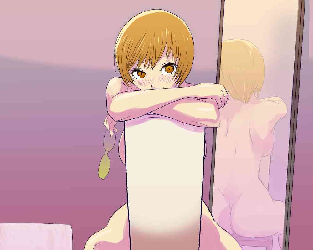 1girls artist_request ass atlus bob_cut brown_hair female female_only light-skinned_female light_skin looking_at_viewer megami_tensei mirror mirror_reflection naked nude nude_female partially_clothed_female persona persona_4 satonaka_chie sega shy sitting sitting_on_chair solo solo_female solo_focus tomboy