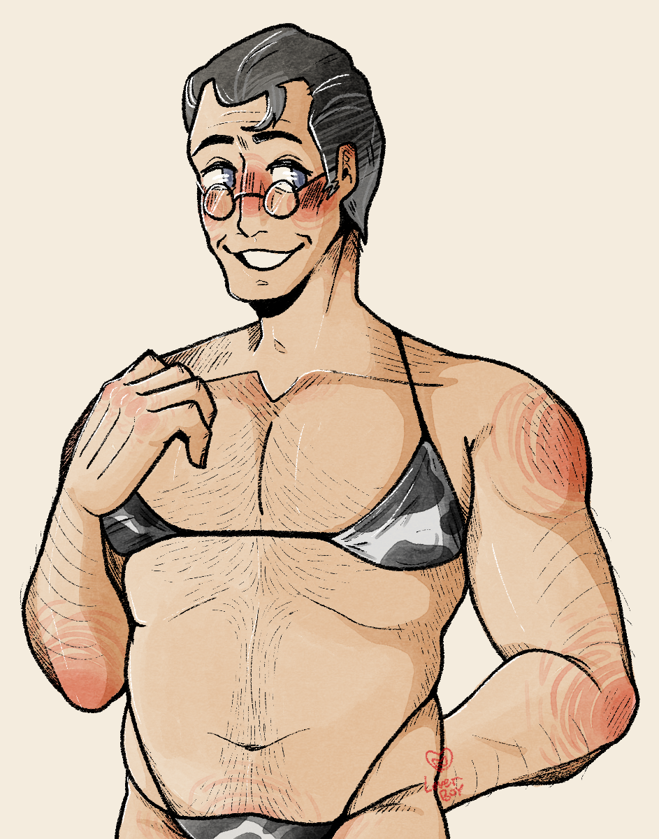 bikini blush body_hair chubby chubby_male cow_print glasses grey_eyes greying_hair human male medic_(team_fortress_2) middle_aged middle_aged_male solo solo_male team_fortress_2 tf2