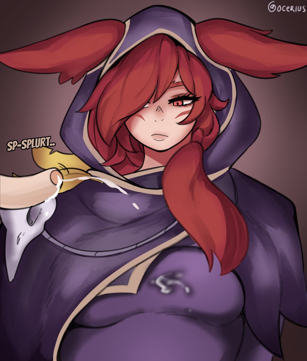 cloak cum cum_on_breasts cum_splatter cum_stain cumshot fully_clothed_female league_of_legends ocerius onomatopoeia red_eyes red_hair riot_games signature small_penis tagme unimpressed white_skin xayah