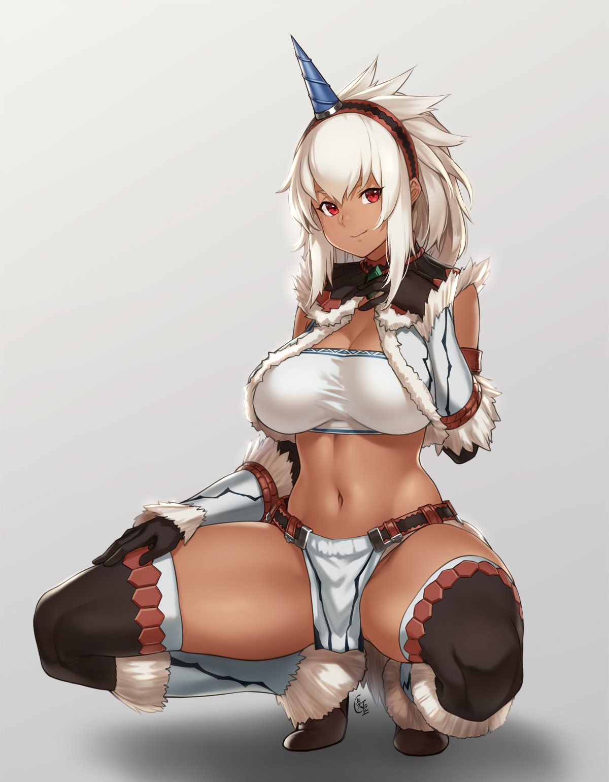 arm guards, bangs, belt, black footwear, black gloves, boots, breasts, capelet, cleavage, closed mouth, dark skin, dark-skinned female, elbow gloves, female, female only, fur trim, gem, gloves, hairband, horn, houtengeki, kirin (armor), large breasts, loincloth, long hair, looking at viewer, monster hunter, navel, red eyes, shin guards, sidelocks, signature, simple background, smile, solo, squatting, stomach, thick thighs, thigh boots, thighhighs, thighs, toned