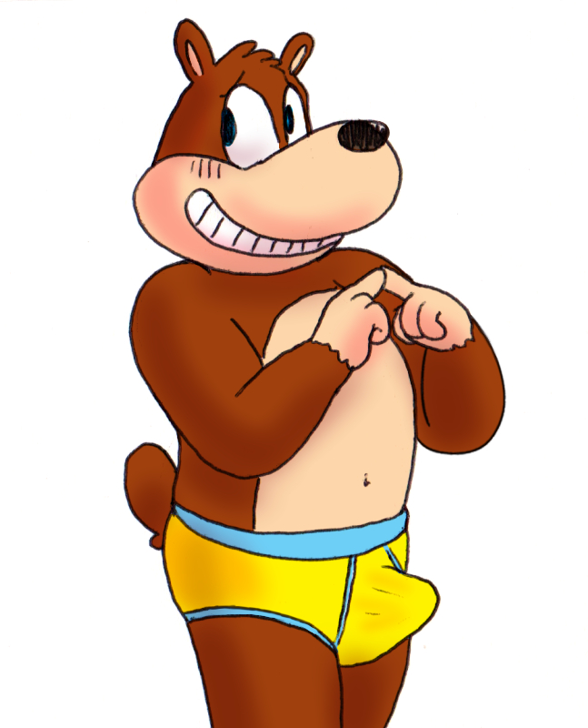 banjo-kazooie banjo_(banjo-kazooie) bear briefs clothing erection male male_only mammal musical_instrument nishi simple_background underwear video_games white_background yellow_underwear