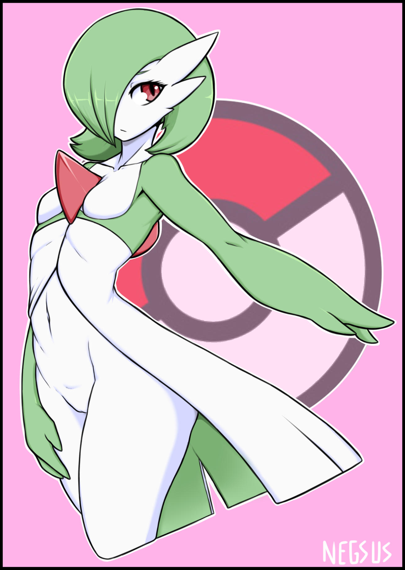 artist_name bob_cut cleft_of_venus colored_skin dress female gardevoir green_hair green_skin highres multicolored_skin navel negsus pink_background pink_eyes poke_ball_symbol pokemon pokemon_(creature) pussy two-tone_skin white_dress white_skin