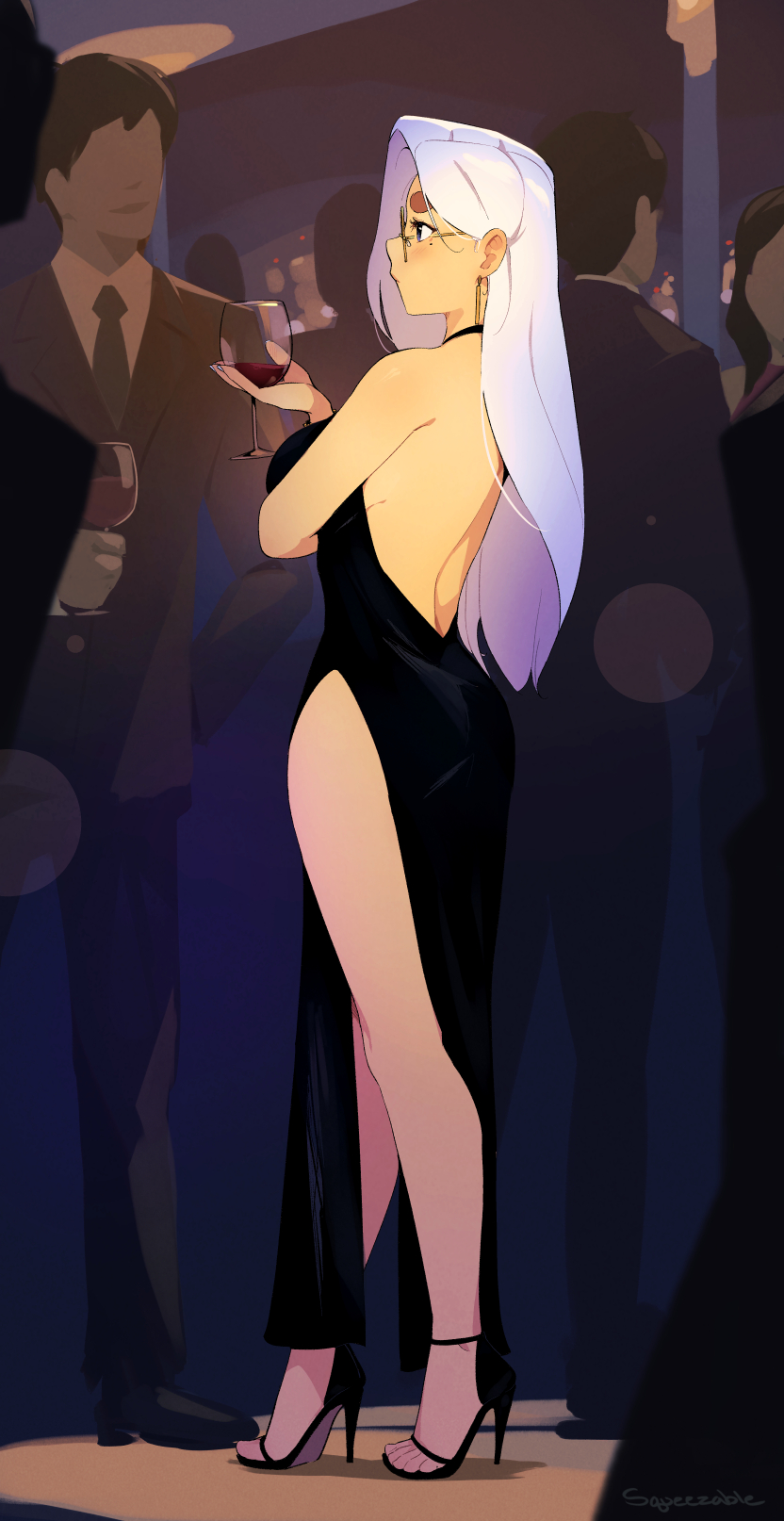 backless_outfit black_dress blue_eyes earrings eyebrows glasses high_heels june_(squeezable) mole painted_nails seductive squeezable strappy_heels tagme white_hair wine wine_glass