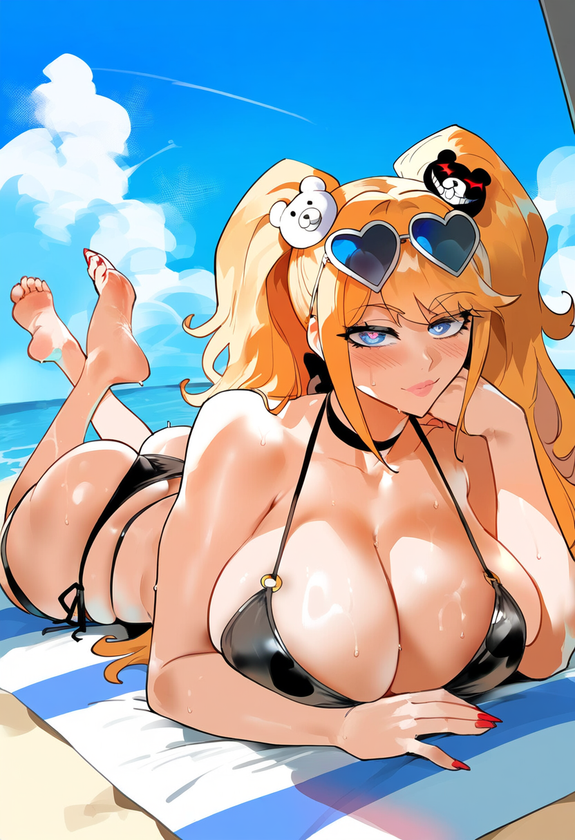 1girls ai_generated beach bikini black_bikini curvy danganronpa huge_ass huge_breasts imminent_sex junko_enoshima looking_at_viewer lounging lying_on_stomach novelai sunbathing sunglasses thiccwithaq_(ai_style)