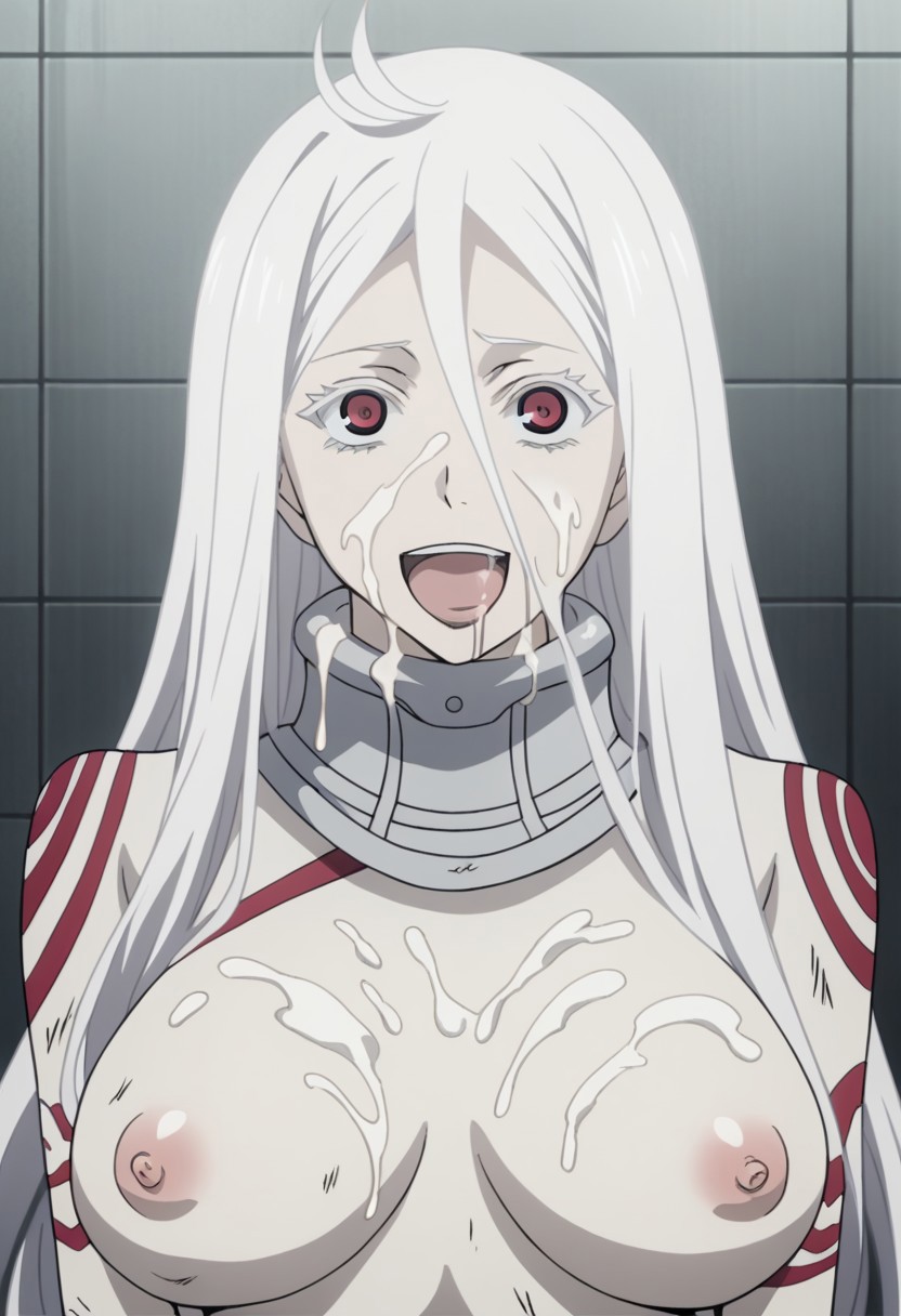 after_sex ai_generated cum cum_on_breasts deadman_wonderland female open_clothes open_mouth pale-skinned_female red_eyes shiro_(deadman_wonderland) white_hair