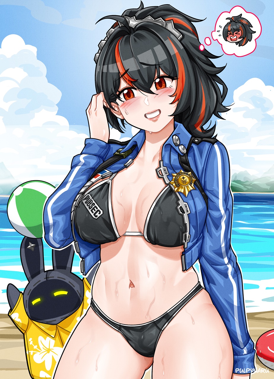 1girl beach bikini black_bikini black_hair blue_jacket blush embarrassed embarrassed_female female female_only navel open_jacket outdoors pale-skinned_female pale_skin police police_badge police_officer police_uniform policewoman ponytail pulpyharu red_eyes red_highlights sweat sweaty sweaty_body thick_thighs wide_hips zenless_zone_zero zhu_yuan