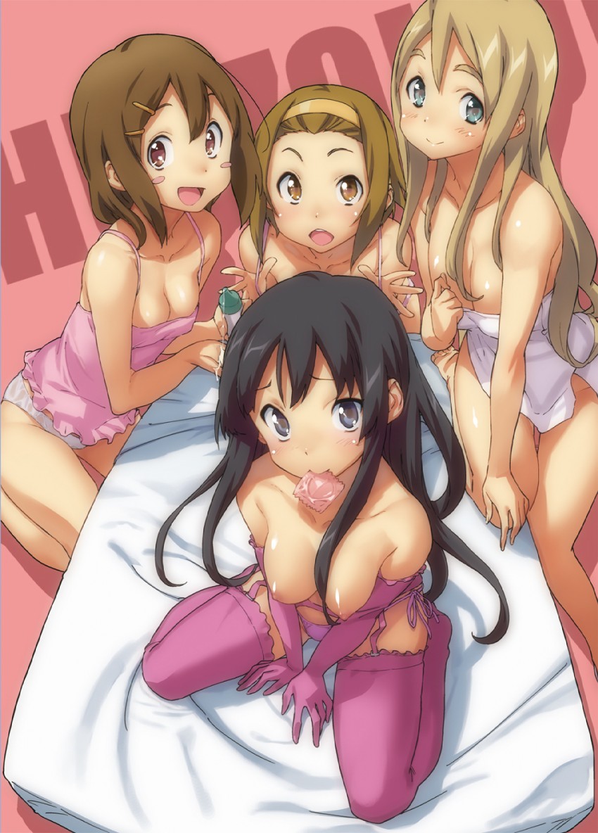 4girls, artist name, black hair, blonde hair, blush, breasts, breasts out, brown eyes, brown hair, condom, condom in mouth, female, headband, k-on!, kneeling on bed, long hair, looking up at viewer, mio akiyama (k-on!), ritsu tainaka (k-on!), short hair, smiling at viewer, tagme, tsumugi kotobuki (k-on!), underwear only, yui hirasawa (k-on!)