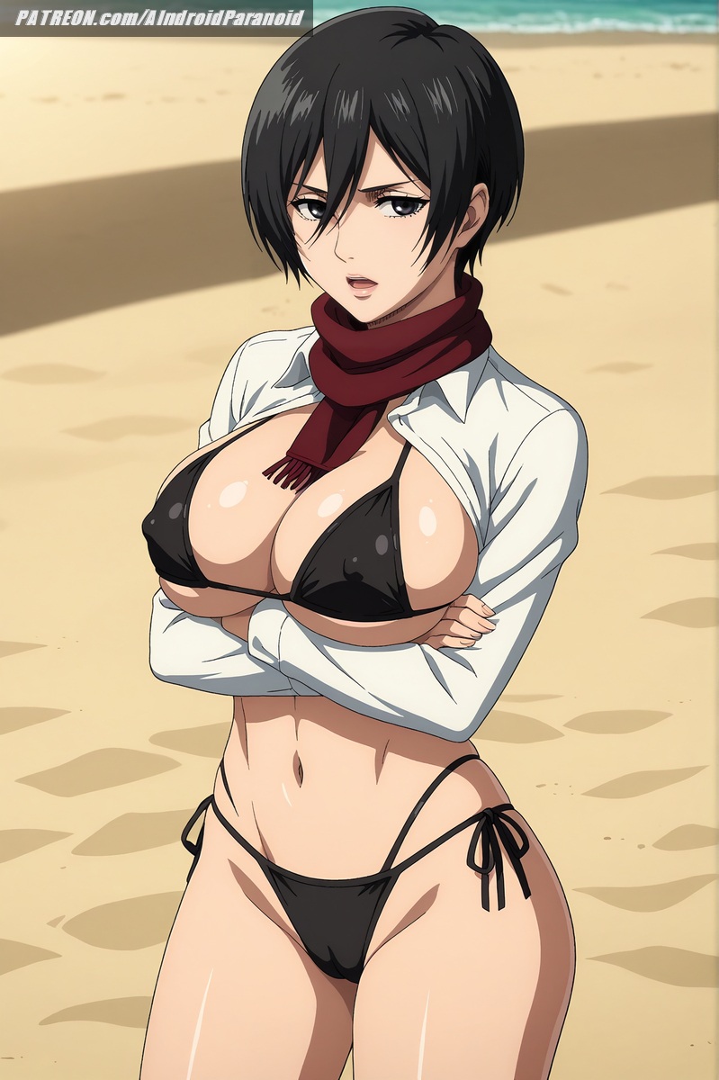 ai generated, aindroidparanoid, ass, attack on titan, beach, big ass, big breasts, big butt, bikini, black eyes, black hair, breasts, busty, cameltoe, curvy, fat ass, female, hips, huge ass, huge breasts, large ass, large breasts, large butt, mikasa ackerman, nipples, outdoors, pussy, scarf, shingeki no kyojin, shirt, short hair, stable diffusion, voluptuous, wide hips