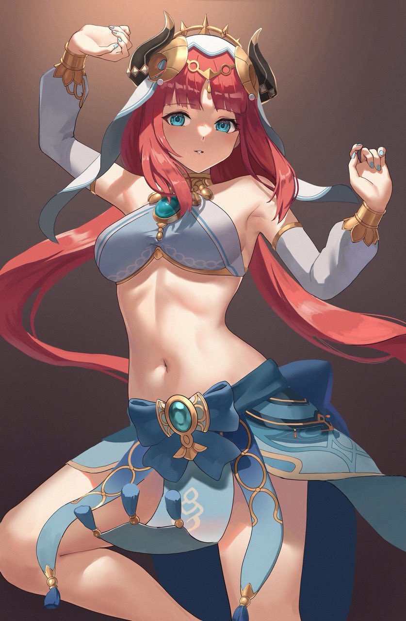 anteiru aqua_eyes aqua_fingernails aqua_nail_polish aqua_nails arm_above_head arm_up arms_up bare_armpits bare_belly bare_hands bare_hips bare_legs bare_midriff bare_navel bare_shoulders bare_skin black_horn black_horns blue_eyes blue_eyes_female blue_fingernails blue_nail_polish blue_nails blue_skirt blunt_bangs breasts brooch brown_background brown_horn brown_horns circlet crop_top dancer dancing exposed exposed_armpits exposed_belly exposed_legs exposed_midriff exposed_shoulders fair_skin fake_horns feet_out_of_frame female fingernails genshin_impact gradient_background hand_above_head hand_up harem_outfit horn horns jewelry light-skined_female light-skinned light-skinned_female light_skin light_skin_female light_skinned light_skinned_female long_hair long_sleeves looking_at_viewer looking_down looking_down_at_viewer low_twintails nail_polish nails neck_ring nilou_(genshin_impact) parted_bangs parted_lips pelvic_curtain red_hair red_hair_female sidelocks simple_background skirt smooth_skin solo standing thighs twintails veil