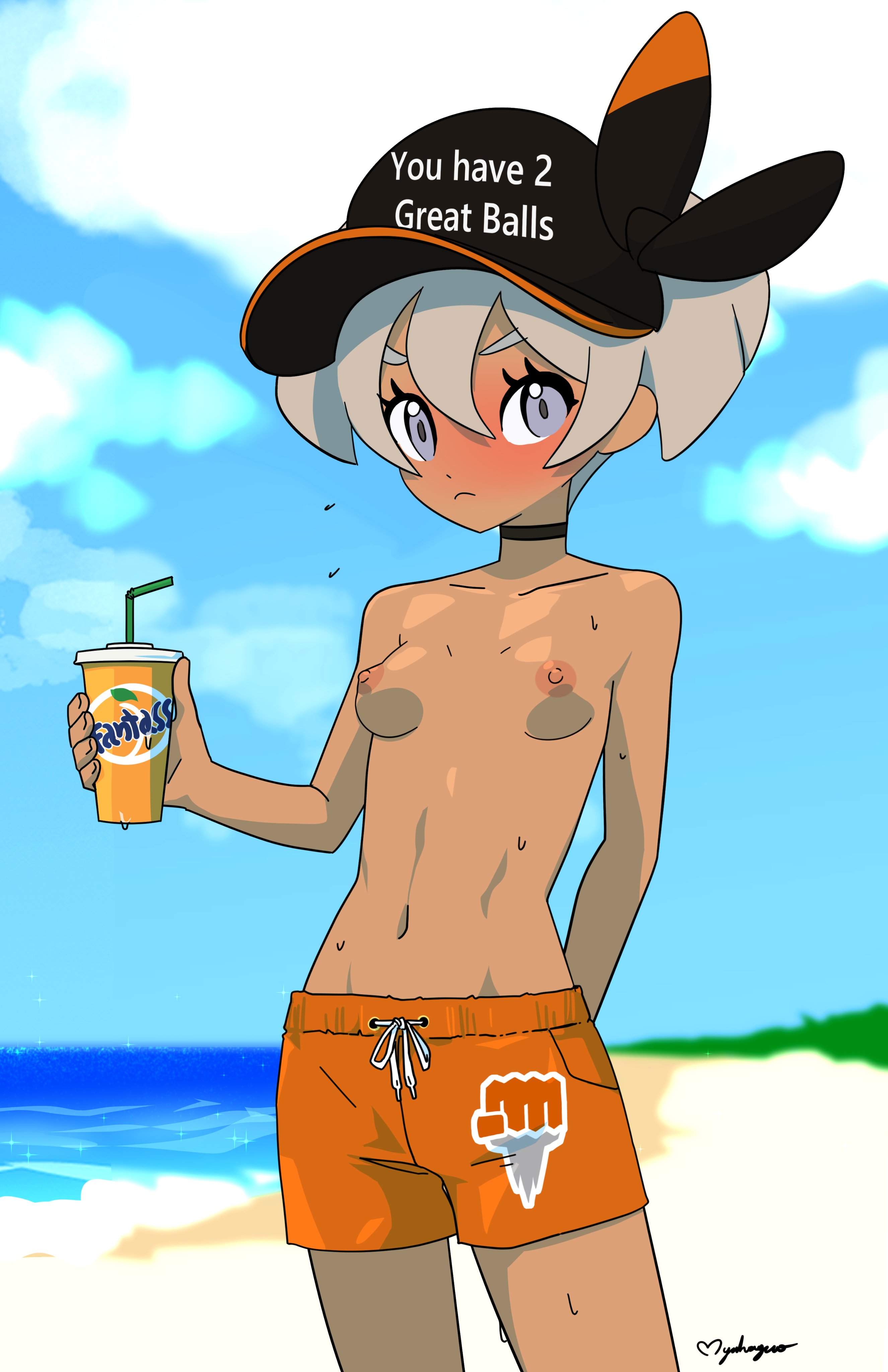 bea (pokemon), beach, blush, blushed face, blushing female, breasts, breasts exposed, breasts out, color, colored, embarrassed female, embarrassed naked female, embarrassed nude female, english text, fanta, female, female focus, female human, grey eyes, grey hair, gym leader, half naked, half-dressed, hat, human, humiliation, maho malice, male, male swimwear challenge, myahogao, naked, naked female, nipples, no bra, no shirt, no shoes, nude, nude female, nudity, partially clothed, partially clothed female, partially nude, partially nude female, pokemon, pokemon ss, small breasts, tan body, tan skin, tits out, water, watermark