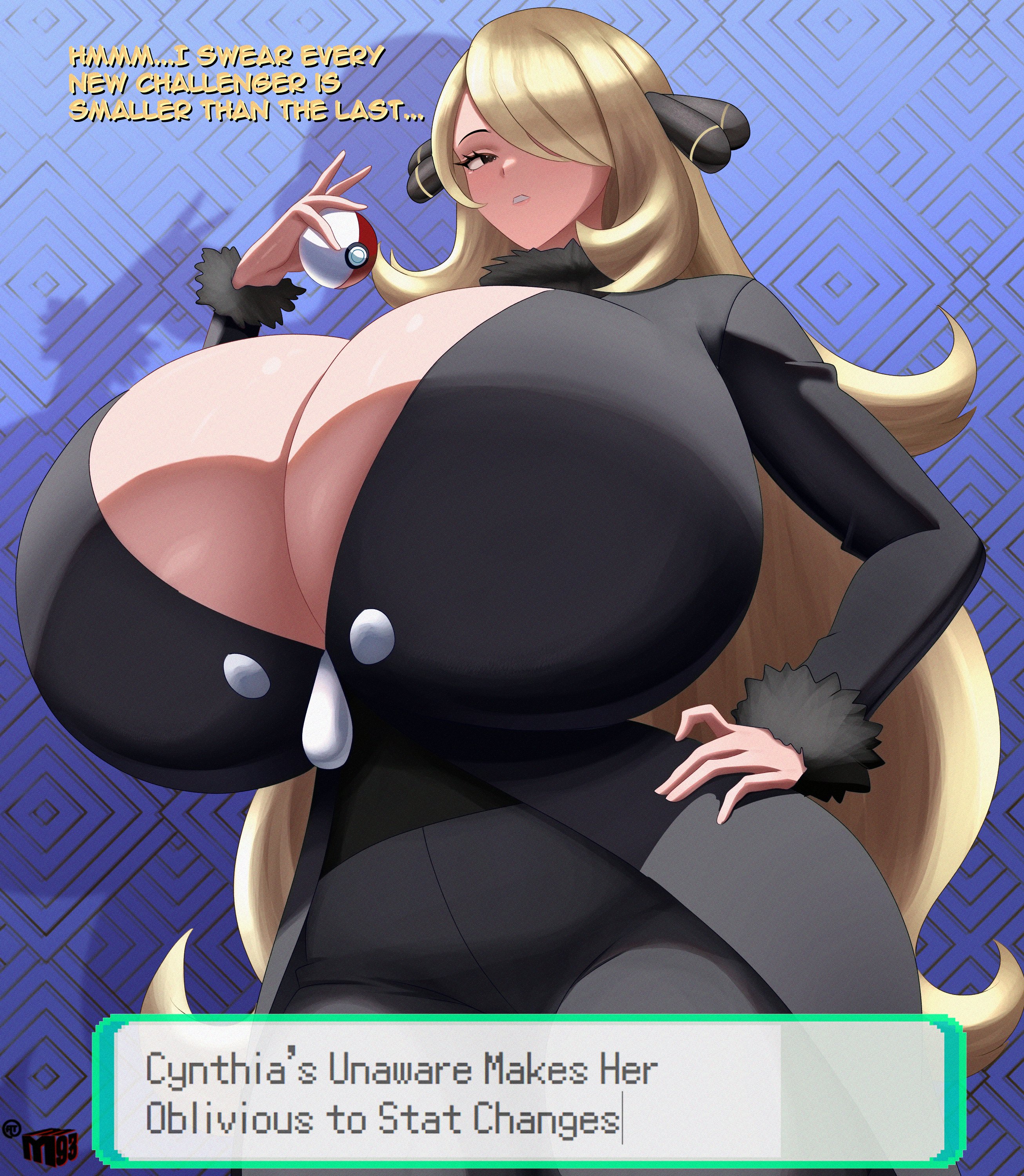 alternate breast size, blonde hair, breasts, breasts bigger than head, curvy, cynthia (pokemon), english text, female, female only, huge breasts, human, human female, hyper, hyper breasts, light skin, light-skinned female, long hair, mewmaster93, nintendo, pokemon, pokemon dppt, solo, text, thick thighs, top heavy, wide hips