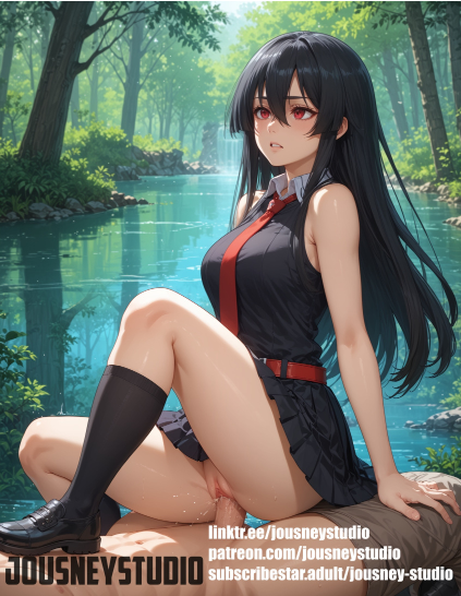 ai_generated akame_(akame_ga_kill!) akame_ga_kill! black_hair black_skirt clothed_sex jousneystudio outdoors red_eyes red_tie riding_penis sex skirt sleeveless uncensored