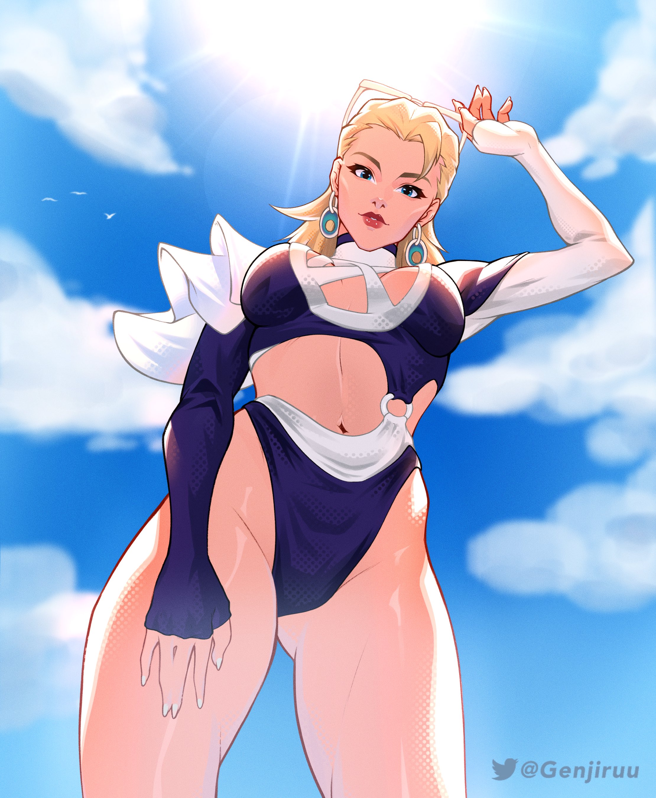 1girls, blonde female, blonde hair, blue eyes, blue swimsuit, breasts, clothed, exposed breasts, eyewear on head, fantastic four, female, genjiruu, invisible woman, invisible woman (azure shade), invisible woman (marvel rivals), long hair, marvel, marvel comics, marvel rivals, sue storm, swimsuit top