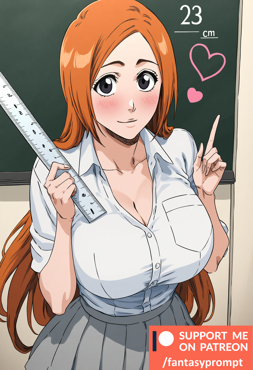 ai_generated black_eyes bleach blush cleavage fantasyprompt female female female_only huge_breasts inoue_orihime long_hair orange_hair school_uniform schoolgirl size_comparison teasing